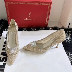 Rene Caovilla Slingbacks Dress Shoes High High Crystal Mesh Lace Sandals Designer Fashion Women Pointed Toe Wedding Shoes