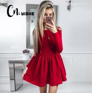 Cnyishe Fashion Casual Red Black Dress Women Solid Długie rękaw Seksowna sukienka ALINE Kobiety mini sukienki Vestidos Fall New 2104195603099