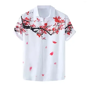 Men's Casual Shirts Summer Plum Blossom Fallen Leaves Print Shirt Men Fashion Beach Retro Chinese Style Turn Down Daily