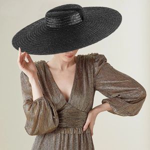 Siyah geniş ağzı düz üst şerit hasır şapka yaz şapkaları kadınlar için kadın kız boater plaj kapağı ile çene kayışı açık tatil güneş şapkası 240325