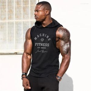 Men's Tank Tops MACHINE FITNESS Mens Gym Hooded Top Cotton Bodybuilding Clothing Summer Muscle Fit Sleeveless Hoodies Shirt Sports Singlets