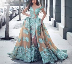 2019 Haute Couture Overskirt Mermaid Evening Dresses with Detachable Train Illusion Neckline Lace Appliques Long Prom Dress Robe d9746735