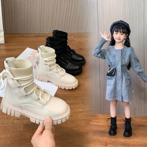 Stiefel neue Kreuz gebundene Kinder Fashion Boots Solid PU Stricks klobige Mid -Kalb -Schuhe für Kinder weiche Slip weiche Reißverschluss Mädchen Stiefel Stiefel