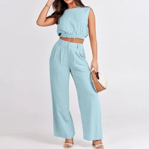 Women S Summer Tracksuits Set Solid Color Round Neck Tank Tops With Long Pants 2 Pieces Outfits Matching Sets Wide Leg 240408