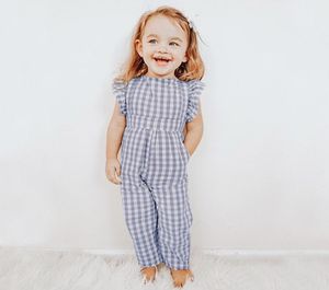 Kids Girls Jumpsuits Summer Baby Girl Ruffles Fly Sleeve Plaid Overalls Jumpsuit Children Cotton Clothes A56921471117