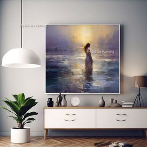 Lonely Woman In the Ocean 100% Handmade Sunset Seascape Canvas Art Woman In White Dress Textured Painting Abstract Oil Painting Modern Art For Home Decor