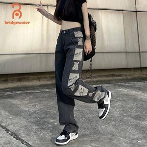 Kvinnors jeans bridgewater hög midja hiphop tryckt bottnar kvinnor rakt breda ben denim byxor sommar 2024 streetwear koreanskt mode