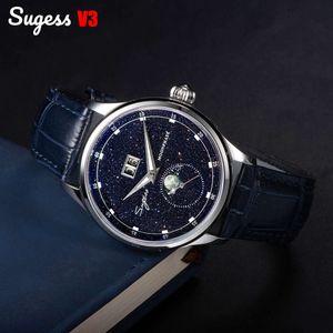 Sugess Moonphase Watch of Men 40mm Automatiska mekaniska armbandsur Seagul ST2528 Rörelse Rostfritt stål Blue Sandstone Dial