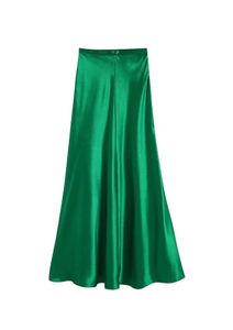 Skirts Nlzgmsj Zbza Women 2022 Green Satin Skirt Green High Waist Waled Summer Long Elegant Ladies Office MIDI 2022024311542