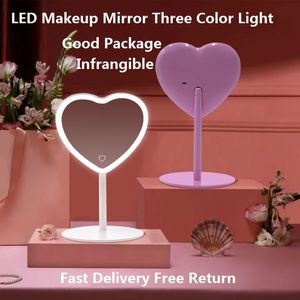 Desktop LED Heart Shape Vanity Mirror Justerbar trefärgad ljus Kosmetisk laddningsbar sminkspegel 240326