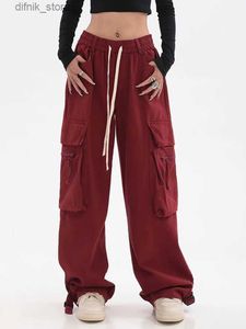 سراويل جينز للسيدات Zoki American Retro Red Hop Cargo Pants Women Fashion Strtwear فضفاضة عالية الخصر BF سروال الساق عريض Y2K بنطلون مستقيم Y240408