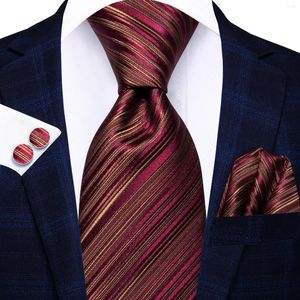 Bow Ties Hi-Tie Burgundy Çizgili Erkekler 8.5cm Jacquard Kravat Aksesuarları Günlük Giyim Cravat Düğün Partisi Hanky ​​Cufflink Seti