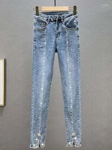 Женские джинсы эластичные хлопковые карандашные брюки лодыжки с щелью с бриллиантами бисеро-брюки женские брюки винтажная уличная одежда женщина