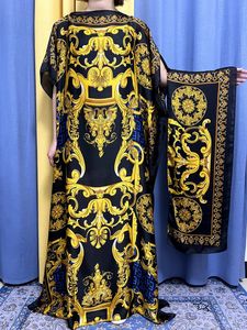 Abayas för kvinnor tryckt Silk Soft Loose Femme Robe Muslim Summer Clothing African Islam Woman Dresses With Turban 240313