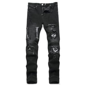 Män jeans lapp bokstav broderade jeans elastiska små ben denim byxor streetwear hip hop jeans byxor