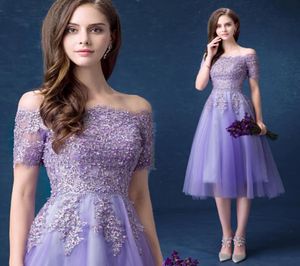 Purple Off Shoulder Beads Sequins Organza Lace illusion Short Sleeve Laceup Vestido Knee Length Party Show Prom Evening Dress Plu2902074