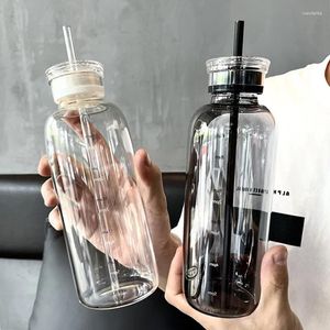 Water Bottles 450/750ml Large Glass Bottle With Straw 2 Lids Clear Kawaii Drinking Leakproof Cup For Woman Girl