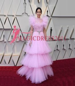Fashion Tulle 2019 Red Carpet A Line Celebrity Dresses Sexy Evening Prom Gowns Pageant Dresses Custom Made Cap Sleeves Ruffles Pro7335273