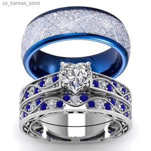 Clusterringe Modepaar Ringe - Romantische Frauen Herz Zirkon Stein Ringe Set Herren Blau Edelstahl Ring Hochzeitsfeier Schmuck Geschenke240408