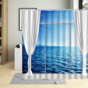 Shower Curtains 3D Window View Landscape Waterfall Curtain Ocean Scenery Bird Flower Bathroom Decor Waterproof Fabric With Hooks