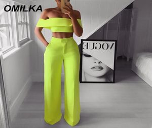 Stylish Lady Neon Green 2 pezzi Set Women Solid Off the Spalla Crop Top e Wide Leg Pants 2019 Sexy Summer Two Piece Outfits7515345