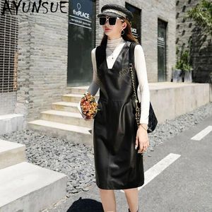 Casual Dresses Ayunsue Real Leather Dress for Women 2024 Elegant äkta fårskinn Koreanska modekläder Slim Mid Läng