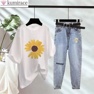 Summer Elegant Womens Pants Set Daisy Loose Short Sleeve T-shirt Vintage Jeans Tvådelade Set Female Trousers Tops 240329