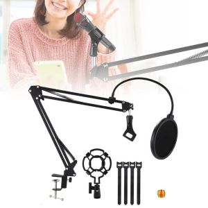 Stand Microphone Holder Bracket with Double Layer Microphone Pop Filter and Table Clip for Live Broadcast Studio Speaking Recording