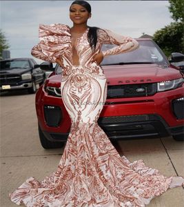 Rose Gold Sparkly Prom Dress For Black Girls Plus Size Sequin Evening Dresses 2024 Mermaid Long Sleeve Formal Occasion Birthday Party Gowns Vestidos De Noite Abiye