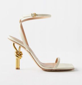 Woman sandal high heels bottegavenetas- Knot sandal for women sandals ankle strap with gold metal knot heel