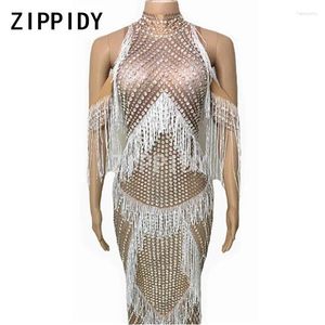 Casual Dresses Fashion White Tassel Bling Full Crystals Long Dress Nightclub Women's Birthday Party Celebrate Heavy Handmade Sexy Stage