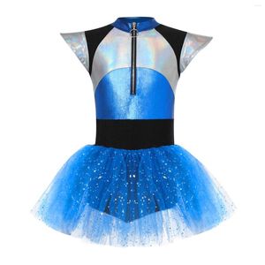 Stage Wear Kids Girls Alien Cosplay Costume Cheerleading Dance Dress Short Sleeve Shiny Spangles Tutu Leotard Halloween Party Dancewear