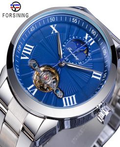 ForSining Blue Fashion Mechanical Watch Male Tourbillon Automatic Moonphase rostfritt stål Analoga klockor Reloj Hombre Dropship3734560