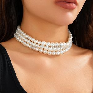 Multilayer White Imitation Pearl Bead Chain Necklace For Women Ladies Goth Clavicle Choker ons Banket smycken present Ny