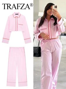 Women's Two Piece Pants TRAFZA Women Elegant Pink Blouse Pant Suit Single Breasted Long Sleeve Shirt Drawstring Trousers Summer Female