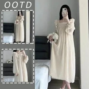 Frauen Nachtwäsche Spitze Frauen koreanische Quadratkragen Nachthemd Rüschen Nachtkleid Frühling ein Stück Pyjamas Langarmschlafung Home Keeing