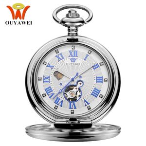 Lyxvarumärke Ouyawei Mekanisk fickklocka Män full stålfodral Fob Analog silver vit urtavla Vintage Male Clock 240327