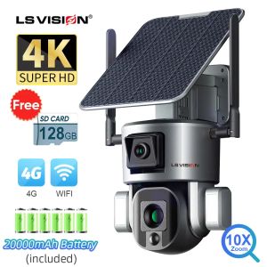 Kameralar LS Vision 4K 4G Kablosuz Güneş Kamerası 8MP WiFi Çift Lens 4x 10x Optik Zoom Güneş paneli insansı izleme PTZ Güvenlik Cam