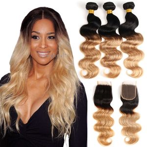 Ombre Body Wave T1B/27# Dark Root Honey 금발의 인간 머리 묶음 레이스 클로저 색상 브라질 머리 weave with Closure