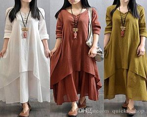 QnpQyx New Women Peasant Ethnic Boho Cotton Linen Long Sleeve Maxi Dress Gypsy Blouse False 2ピースvネックボタンBoho Long Max8393875