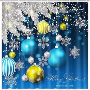 Shower Curtains Blue Christmas Curtain Xmas Balls Snowflake Winter Holiday Bathroom Set With Hooks