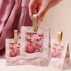 Present Wrap 10st Portable Vintage Paper Packaging Box Flowers Printing Handle with Rope Wedding Candy