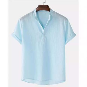 2024 # Summer Men Cotton e Hemp Breathable Solid Solid Short Henley Shirt