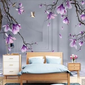 Papéis de parede Milofi personalizado grande papel de parede mural pintado à mão Magnolia Bird 3D Sala de estar Pintura decorativa de papel de parede de fundo