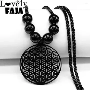 Pendant Necklaces 2024 Flower Of Life Stainless Steel Mandala Metatron Sacred Geometry Long Black Bead Necklace Jewerly Flor De La Vida