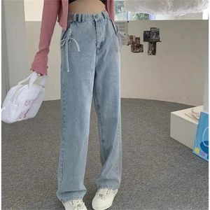 Women's Jeans Butterfly Lace-up Korean Version High Waist Straight Leg Casual Loose Harajuku Retro Light Blue Baggy Pants