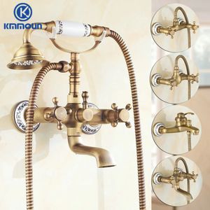 Antique Brushed Brass Bath Faucets Wall Mounted Bathroom Basin Mixer Tap Crane With Hand Shower Head Faucet 240325