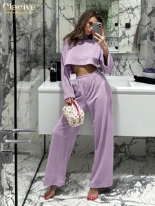 Women's Two Piece Pants Clacive Fashion Loose Purple 2 Sets Women Outfit 2024 Elegant Long Sleeve Crop Top With High Waist Wide Set Female