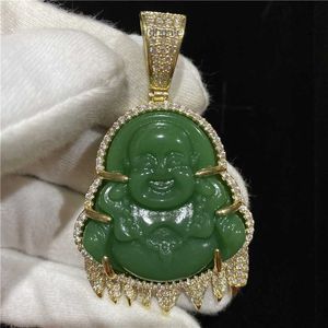 18k guldpläterad finish Green Jade Cz Diamonds Drop Laughing Buddha Iced Out Pendant Necklace