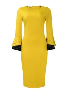 Casual Dresses Spring Summer Fashion Office Ladies Pencil Dress African Women OL Solid Round Neck Flare Sleeve